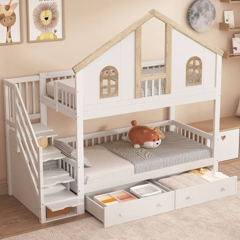 Lit superposé enfant 90x200 cm en bois, lit cabane avec fenêtres, barrières de sécurité, escalier avec 4 rangements, 2 tiroirs à roulettes, sommier inclus, sans matelas (1/5)
