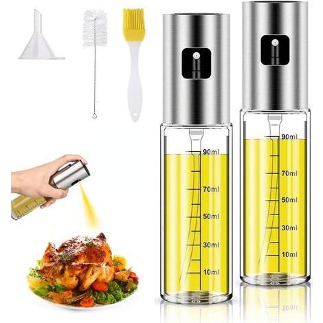2 Stück Öl-Injektionsflaschen aus Edelstahl 304, 100 ml Speiseölspray, Salatölspray, Grillen, Kochen, inklusive 1 Pinsel, 1 Trichter, 1 Ölpinsel