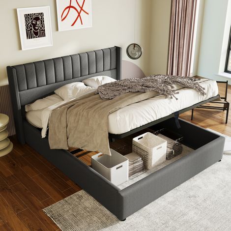 Letto con contenitore in lino grigio 140x200 cm, rete a doghe inclusa e apertura idraulica (1/5)