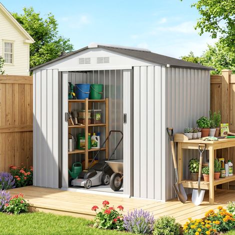 Cabane Porte Outils en Acier, Abri de Jardin avec Portes Coulissantes, 213x130x185 cm, Blanc (1/5)