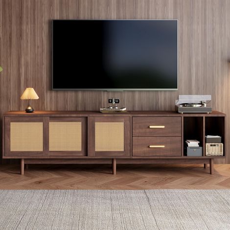 Meuble de rangement 190 x 40 x 52 cm, meuble TV bas avec tiroirs, support TV en MDF aspect rotin marron, design à 6 pieds, meuble de rangement multifonctionnel pour salon, compatible TV 75 pouces