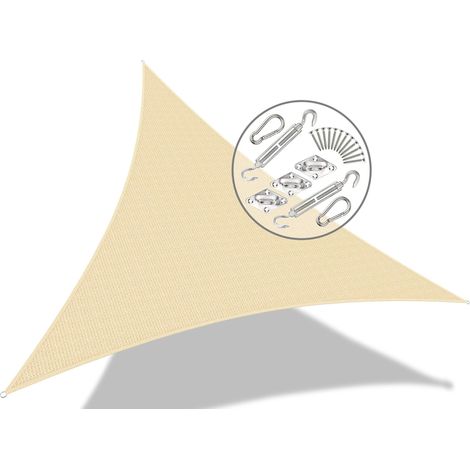 Voile d'ombrage Triangle avec Le Kit de Fixation Matière résistante aéré HDPE-180g/m2 Bloque 90% Rayons UV Kit de Montage Inclus Taille 5x5x5M Ivory (1/5)