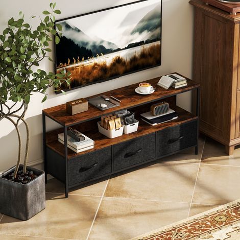 HOMCOM Meuble TV Jusqu'à 55 Pouces, 3 Tiroirs et Pieds en Acier, 120x29x56 cm Marron Rustique
