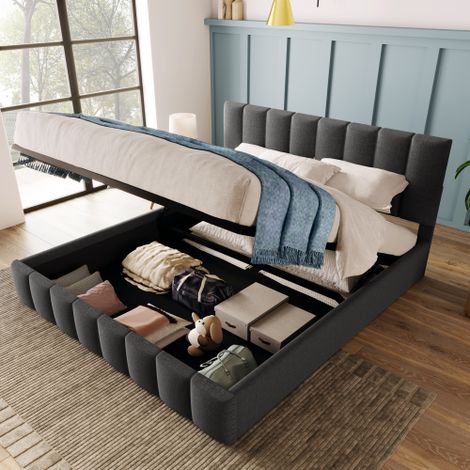 MINKUROW Letto Matrimoniale Imbottito Idraulico 140x200cm, Testiera Regolabile, Letto Con Rete A Doghe In Metallo, Materiale Lino, Base Letto Moderna Con Vano Portaoggetti, Ampio Vano Portaoggetti, Gr (1/5)