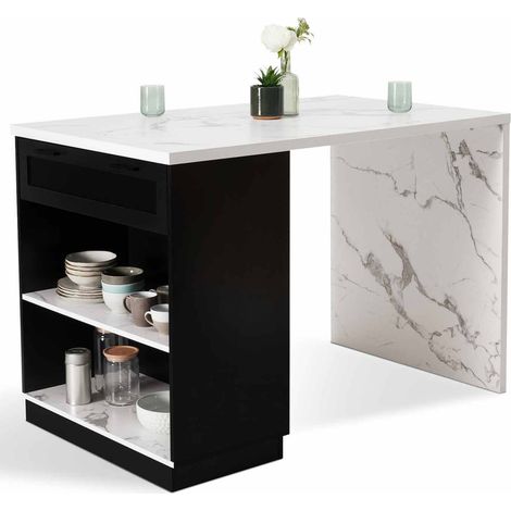 Idmarket – Îlot central mange debout 4 personnes – Longueur 130 cm – Largeur 80 cm – Hauteur 90,5 cm – Plateau effet marbre noir – Compartiments de rangement