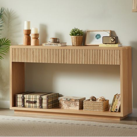 Console da ingresso 150 cm con 2 ampi cassetti e vano aperto, rovere chiaro DESVIAE (1/5)