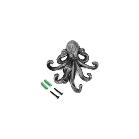 Gancho de pared decorativo de hierro fundido con forma de pulpo de 5 tentáculos - Gancho rústico para toallas, llaves, abrigos, toallero, color plata