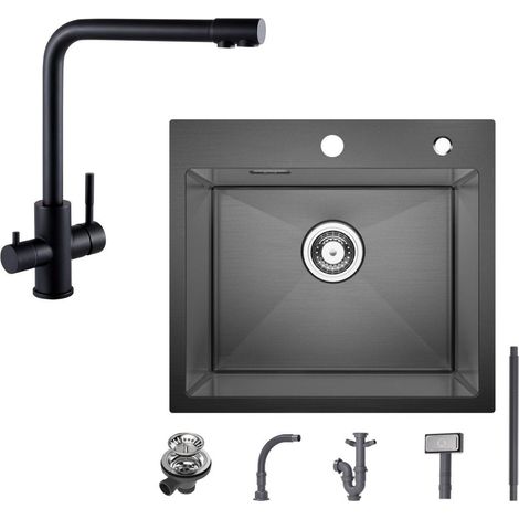 Spülbecken mit 1 Becken 50×45CM Edelstahlspüle Anthrazitschwarz + Schwarz Küchenarmatur 3 in 1  Spültischarmatur, Höhe 344 mm