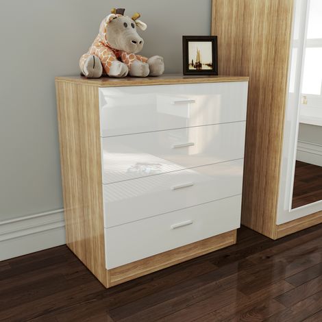 ELEGANT Modern High Gloss Bedside Cabinet 4 spacious Drawer Chest with Metal Handles for Bedroom or Home Storage Organizer White/Oak (1/5)