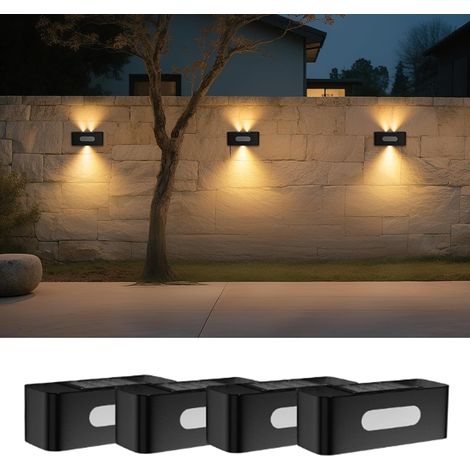 Luces solares para cercas, paquete de 4, impermeables, para exteriores, iluminación vertical, jardín, pasillo, puerta, porche, terraza, luz blanca cálida. (1/5)