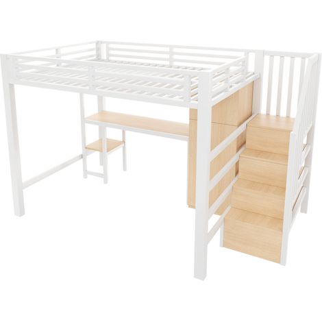 Lit mezzanine en métal 140x200 avec bureau, étagère, armoire et escalier de rangement, blanc (1/5)