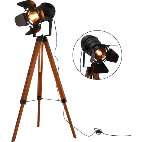 ALPINALUZ Lámpara de Pie Trípode Madera con Foco Proyector Negro CableNegro Retro Industrial Náutica Cinema para Salón Estudio E27 Cinema "GALA"