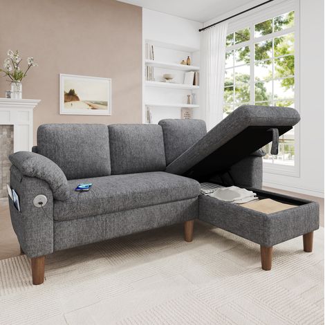 Canapé d'angle modulable 181x125x88 cm en chenille gris clair, avec rangement salon FloraGrace (1/5)