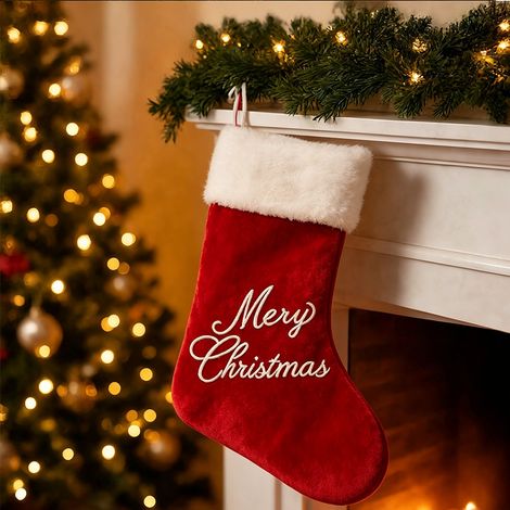 Sac‑chaussette de Noël 40x23 cm avec broderie, bord en peluche, décoration suspendue cheminée, rangement pour cadeaux fêtes de fin d’année, rouge (1/5)