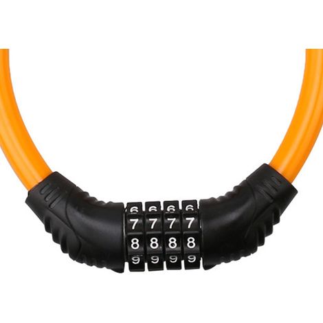 Cet antivol de vélo portable est doté d'un câble en acier orange, d'une combinaison à 4 chiffres réinitialisable et est fabriqué en alliage de zinc et en PVC. Il mesure 14,5 x 12,5 cm et convient égal (1/5)