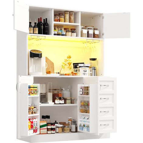 ELVMI Madia da cucina con 4 ante, 2 cassetti, portabottiglie e LED per sala da pranzo in MDF, bianco, 120 x 40 x 188 cm (1/5)