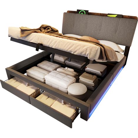 Polsterbett 140 x 200 cm mit Bettkasten, USB, Type-C, LED-Beleuchtung und 2 Schubladen, ohne Matratze, Grau