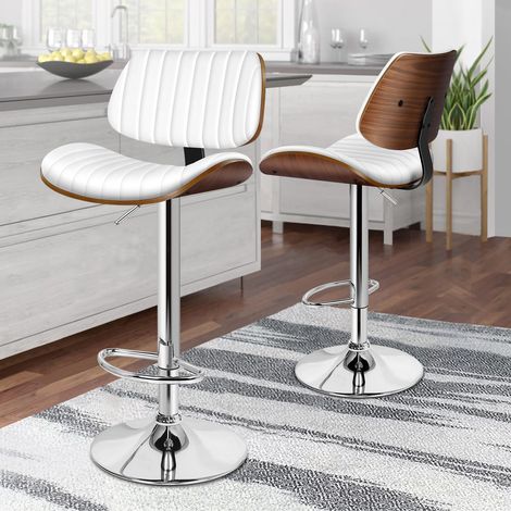 ALFORDSON 2x Bar Stools, Adjustable Swivel Bentwood, PU Leather Upholstered, Back, Footrest, Kitchen, Dining Room, Home Pub Countertop, White, 150kg
