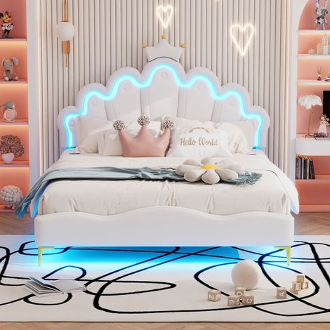 Lit princesse 140x200 cm blanc en PU, lit double rembourré forme couronne avec LED d'ambiance réglable, sommier à lattes inclus, sans matelas (1/5)