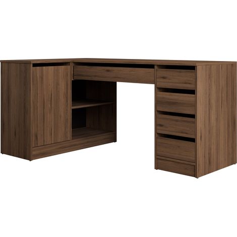 Bureau d'angle Comfivo Terros III, Noyer, Avec tiroirs, Angulaire, Avec des portes, Le nombre de portes: 1, Nombre de tiroirs: 5, 76x158x98cm