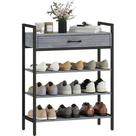 4-stufiges Schuhregal, Flurregal für bis zu 9 Paar Schuhe, Spanplatte, Metall, Grau