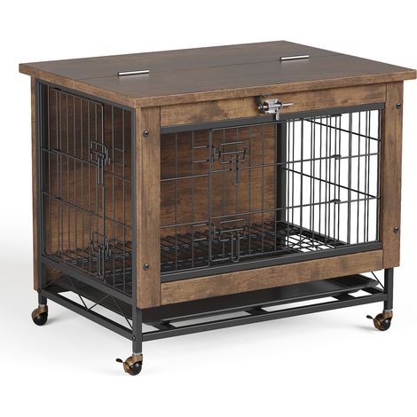 Cage meuble pour chien en bois à double porte sur roulettes – Table d’appoint intérieure, anti-morsure et anti-fuite, plateau amovible facile à nettoyer, style moderne pour petits et moyens chiens 67x (1/5)