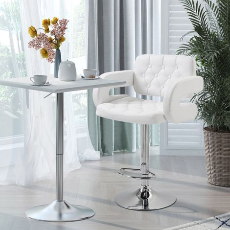 Höhenverstellbarer Barhocker, hoher Küchenhocker aus Kunstleder mit Rückenlehne, Fußstütze, Armlehnen und weichem Sitz, Stahlgestell, 360° drehbar, ideal für Kücheninseln, weiß (1/5)