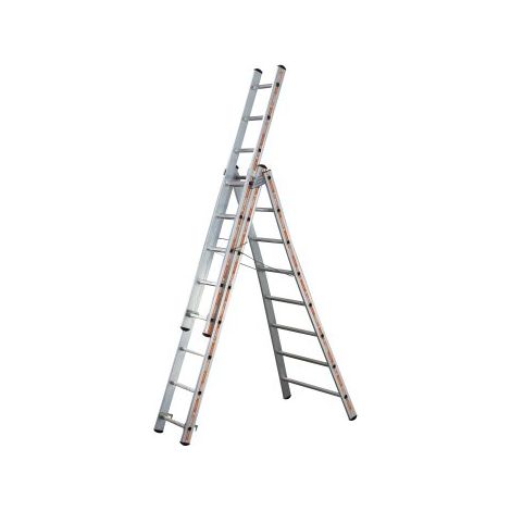 Tubesca Comabi – Échelle transformable 3 plans en aluminium – 3 x 8 marches – Longueur dépliée 5,13 m – Hauteur d'accès 6,03 m – Base évasée