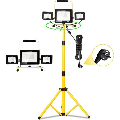 Projecteur Led Chantier 100w avec Trépied et Prise Luminaire Exterieur à Trois Têtes Avec 3M Câble IP65 Étanchéité Blanc Froid 6500K Portable Lampe Chantier pour Atelier Garage Construction (1/5)