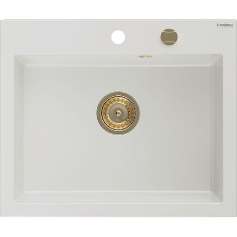 Mexen Elix évier en granit 1-bac 600 x 500 mm, blanc, siphon doré - 6525601005-20-G (1/5)