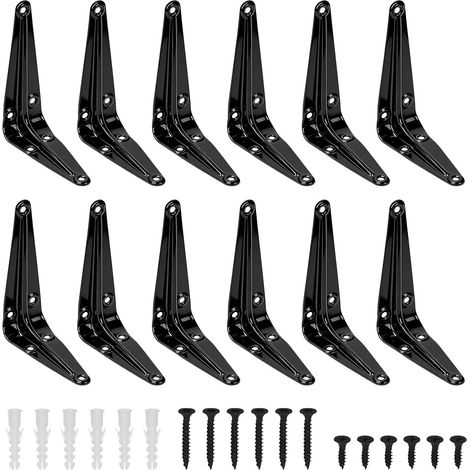 12 Pack 3 x 4 pouces noir support d'étagère lourd, support d'étagère flottant, support d'angle de support L, support d'angle de joint métallique avec vis et ancres Kit pour étagères suspendues (1/5)