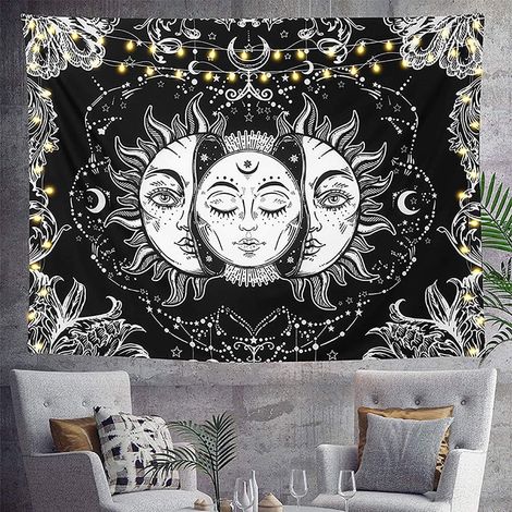 Soleil et Lune Tenture Murale Psychedelique Tapisserie, Drap Mural Mandala Wall Tapestry Aesthetic Tarot Psychedelic Tapis Mural Tissu Art Decoration pour Chambre Salon (Noir & Blanc, 200x150 cm)