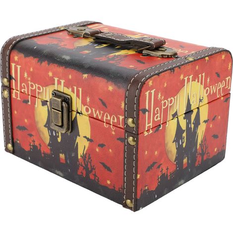 Dekorative Schatztruhe mit gruseligem Spukhaus-Muster, Vintage-Leder-Holz-Aufbewahrungsbox für Festivals, Größe M (18 x 14 x 12 cm / 7,09 x 5,51 x 4,72 Zoll) (1/5)