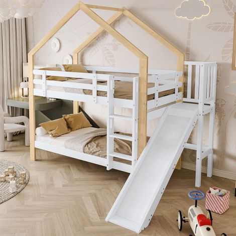 Lit superposé 90x200 avec toboggan, maison blanc HAVRYA (1/5)