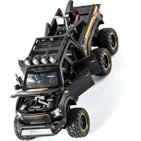 Voiture miniature Ford F150 à l'échelle 1/28 en alliage, pour enfants, avec effets sonores et lumineux, tout-terrain, noir mat. (1/5)