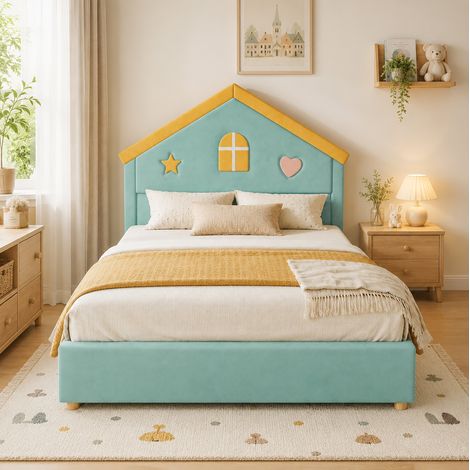 Kinderbett 140x200 mit 4 Schubladen, Haus-Kopfteil aus blaugrünem Samt OKMYHOME (1/5)