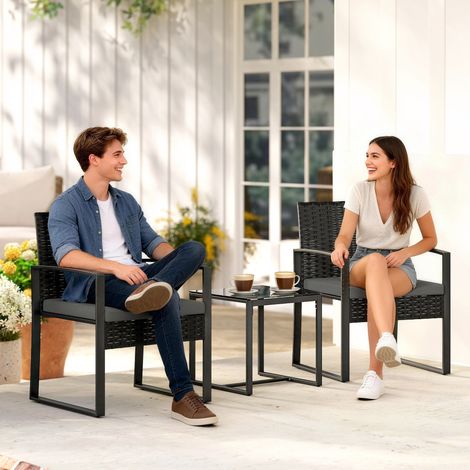 Ensemble bistrot rotin Gris 3 pièces 2 chaises jardin table basse coussin amovible foncé