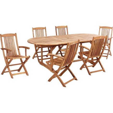 Conjunto de jardín 6 plazas de madera de acacia clara con mesa ovalada y sillas plegables Maui II (1/5)