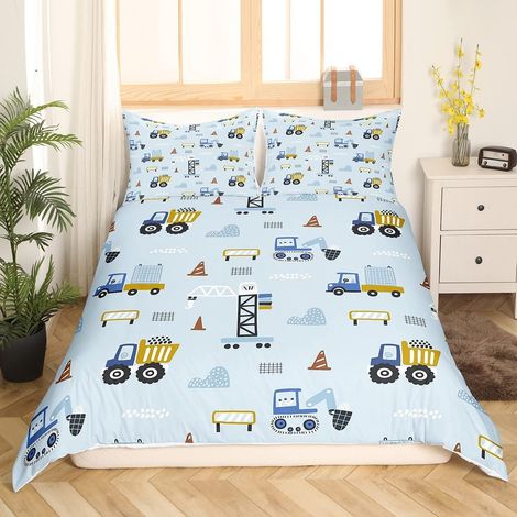Enfants Excavator Housse de Couette Dessin animé Construction Parure de Lit 140x200cm pour Enfants Garçons Dessin animé Trctor Parure Housse de Couette Truck Voitures Bleu avec 1 taie d'oreiller - 140 (1/5)