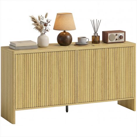 Buffet de rangement MDF chêne 4 portes rainurées push-to-open 147x40x77 cm, salon ou entrée (1/5)