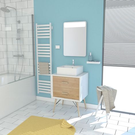 MOBILE DA BAGNO SCANDINAVO BIANCO E LEGNO NATURALE 60cm CON CASSETTI, LAVABO DA APPOGGIO - SPECCHIO