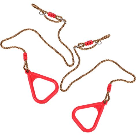 Coppia di anelli da ginnastica per un allenamento completo di tutto il corpo. Anelli ginnici in plastica resistente per trazioni, flessioni e dip. Attrezzatura fitness da esterno di colore rosso.
