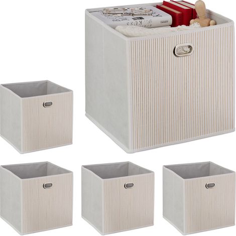 Relaxdays Set of 5 Bamboo Storage Baskets, Bathroom & Bedroom Organiser, Cube, Folding, HxWxD 31 x 31 x 31 cm, White