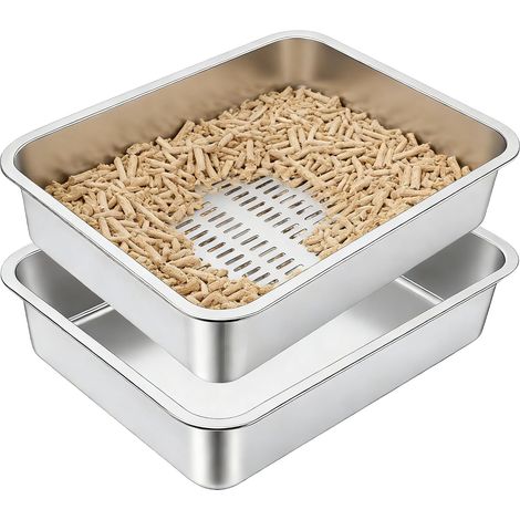 Stainless Steel Cat Litter Tray, Open the Litter Tray for Large Cats, Kittens and Rabbits, XXL Cat Litter, Toilet Houses for Cats, Anti-Odour, 50 x 35 x 15 cm (1/5)