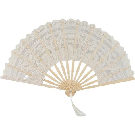 Ventaglio pieghevole in bambù e pizzo, stile vintage, con nappina, ideale per abbigliamento sportivo e decorativo (beige)