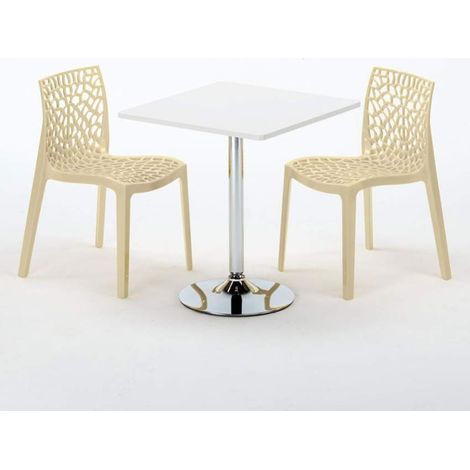 Mesa Cuadrada Blanca 70x70 cm con Base de Acero y 2 Sillas De Colores Gruvyer Cocktail - Beige (1/5)