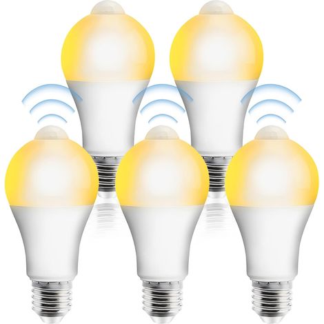 Lot de 5 ampoules LED E27 avec détecteur de mouvement PIR, 12 W, blanc chaud 2700 K, non dimmables, angle de diffusion 120°, ampoules basse consommation pour couloir, garage, escalier, balcon (1/5)