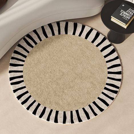 Tapis rond chambre à coucher 80 cm moderne rayures noires poils ras antidérapant facile à nettoyer pour salon ou espace jeux enfant (1/4)