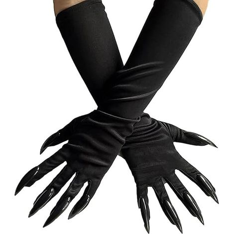 Gants d'Halloween avec griffes de chat, ongles longs, gants noirs de fête, accessoires de déguisement cosplay (1 paire, noirs) (1/4)