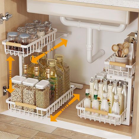 Lot de 2 organiseurs de rangement sous évier en métal à 2 niveaux - Rangement coulissant et organisation de cuisine multifonction pour cuisine, salle de bain (blanc) (1/5)